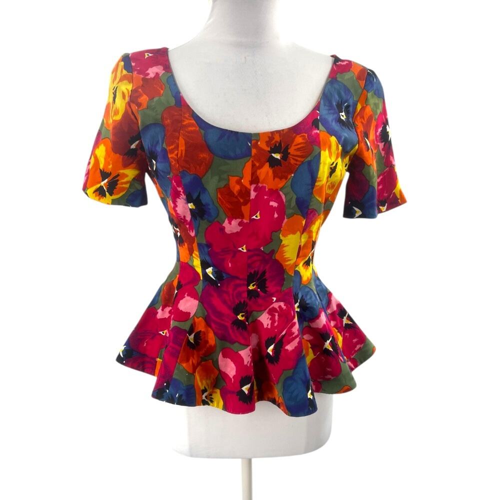 Vintage Nipon Boutique 100% silk peplum pansy floral top sz 4